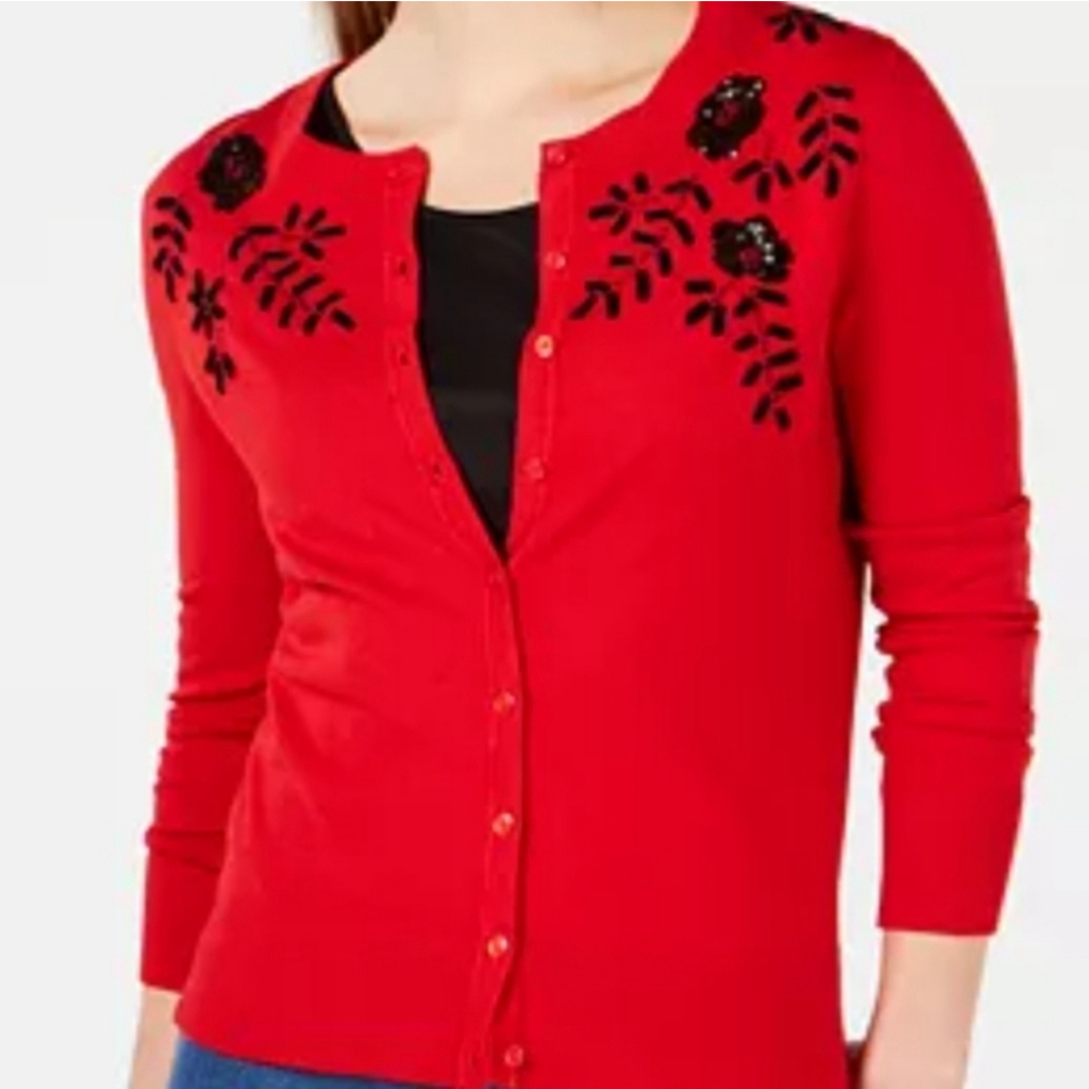 Charter Club Petite Beaded Sequin 3/4 Sleeve Cardigan Sweater